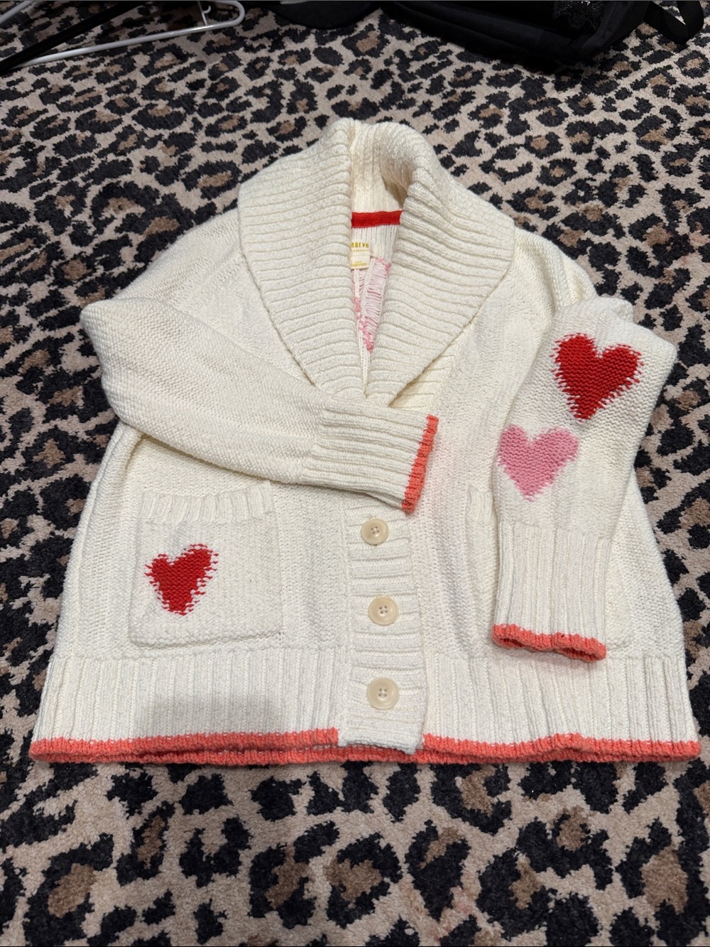 Anthropologie Maeve Heart Cardigan Sweater, Cream / Pink / Red, XSP - Picture 6 of 9